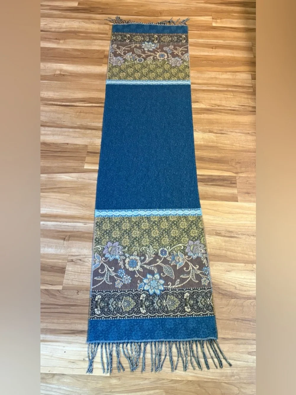 FRAAS Germany Cashmink Floral Fringe Scarf in Teal, Tan and Purple